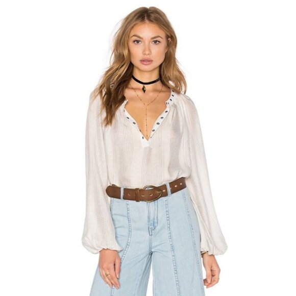 Free People Against all Odds Deep V Neck Blouse Ivory Combo Boho Style Medium - Picture 1 of 11